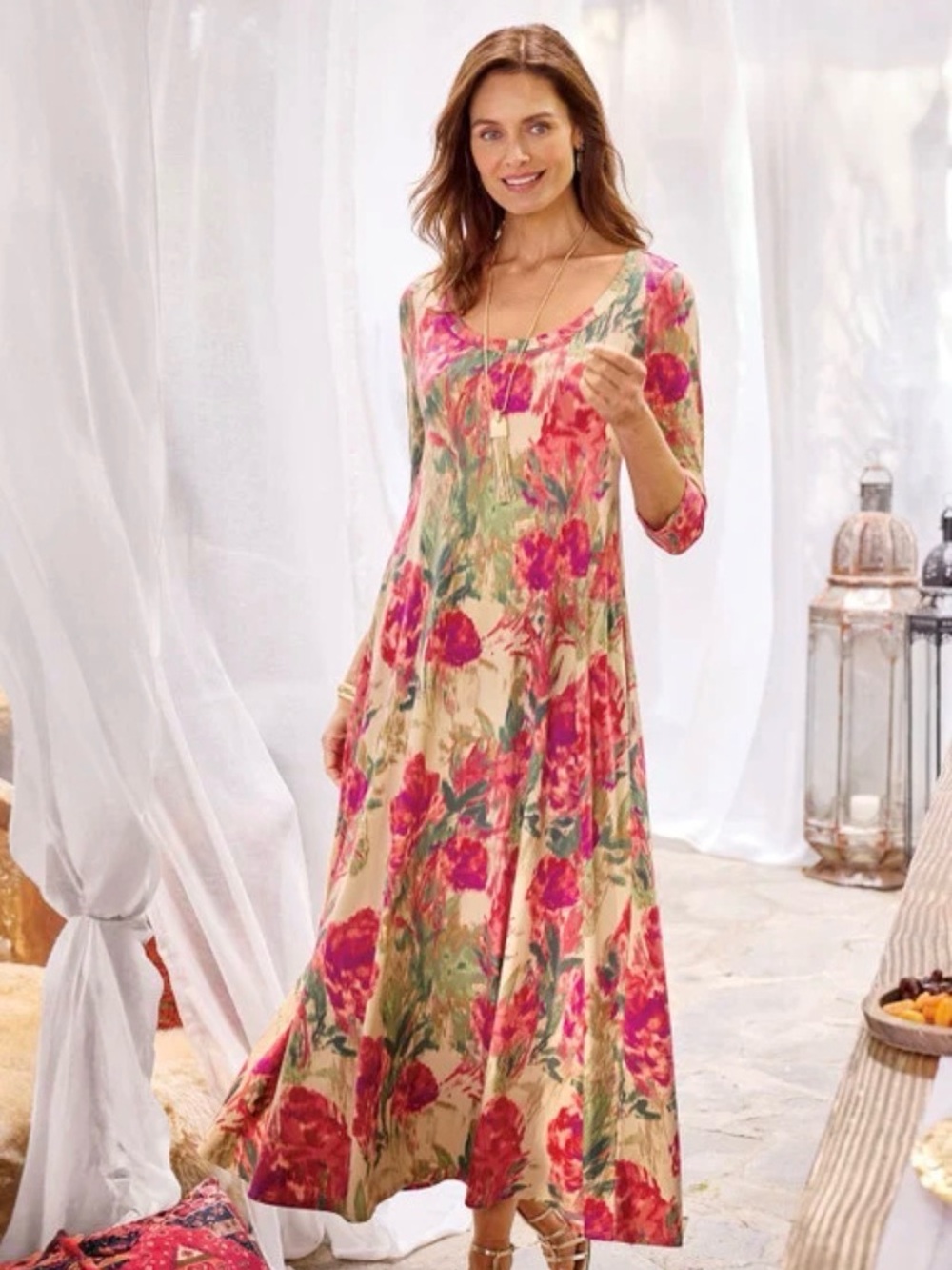 Floral Scoop Neck Maxi Dress - Pink & Green